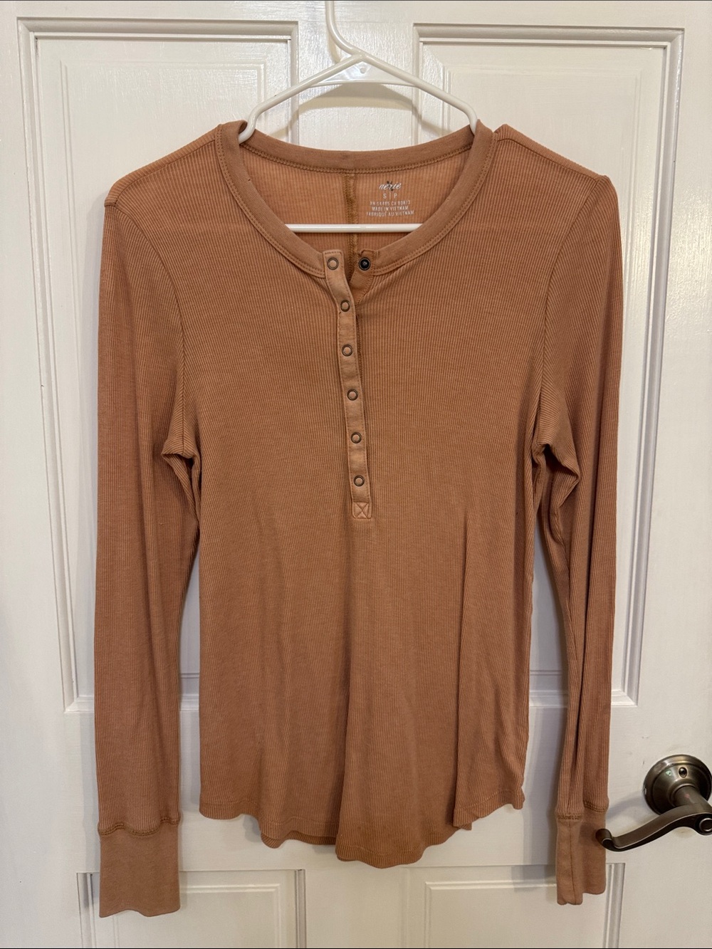 a new day Ribbed Long Sleeve Henley Top — Camel Brown